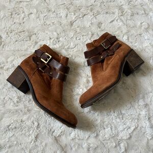 Franco Sarto Women's Size 8.5 Brown Leather Suede Linden Block Heel Ankle Boots